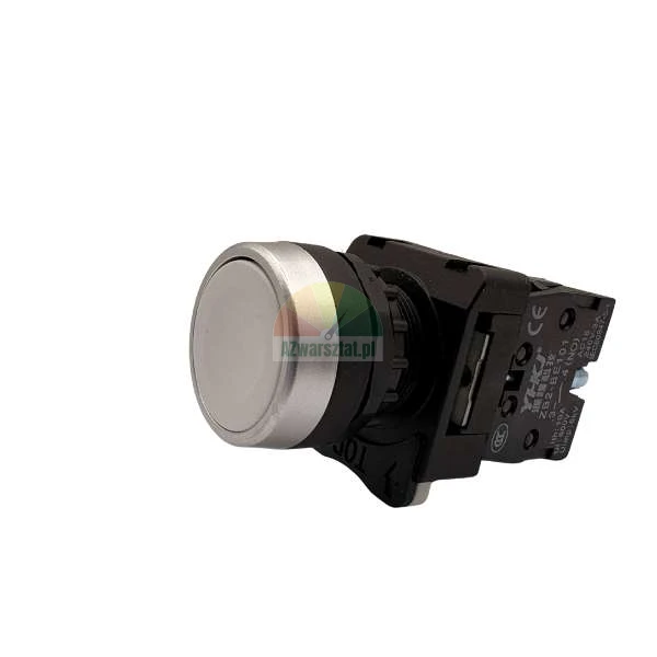 Industrial flat push button in white with a silver metal bezel and black contact block on a white background