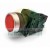 Red industrial push button switch XB2 with NC contact block, side view.