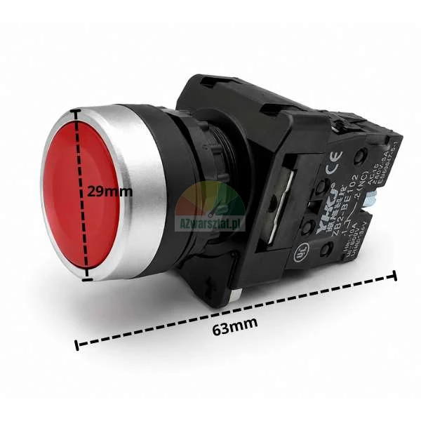Red push button switch XB2 1xNC with dimensions 29mm and 63mm
