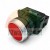 Red industrial push button switch with a silver bezel and black housing, isolated on a white background.