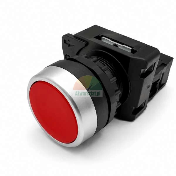 Red industrial push button switch with a silver bezel and black housing, isolated on a white background.