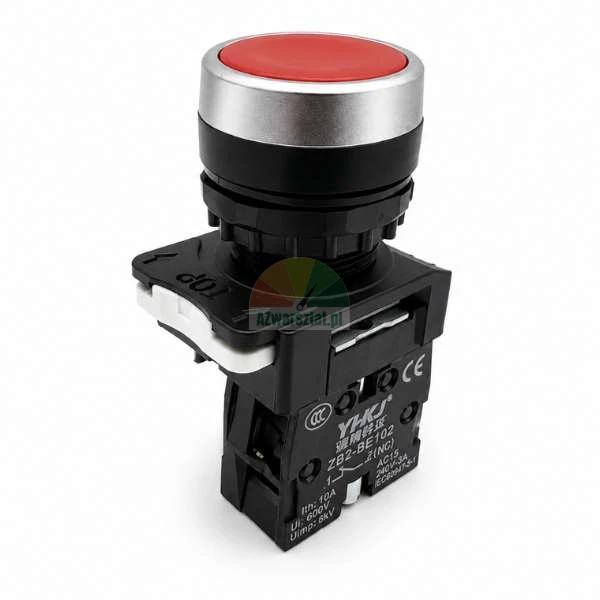 Industrial push button switch, flat, red with a metallic bezel and ZB2-BE102 NC contact block.