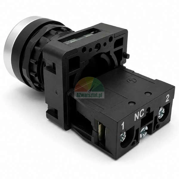 Industrial push button switch with black body and NC (normally closed) contact block labeled 1 and 2.