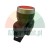 Red push button switch with a silver bezel and black mounting body on a white background.