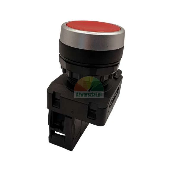 Red push button switch with a silver bezel and black mounting body on a white background.