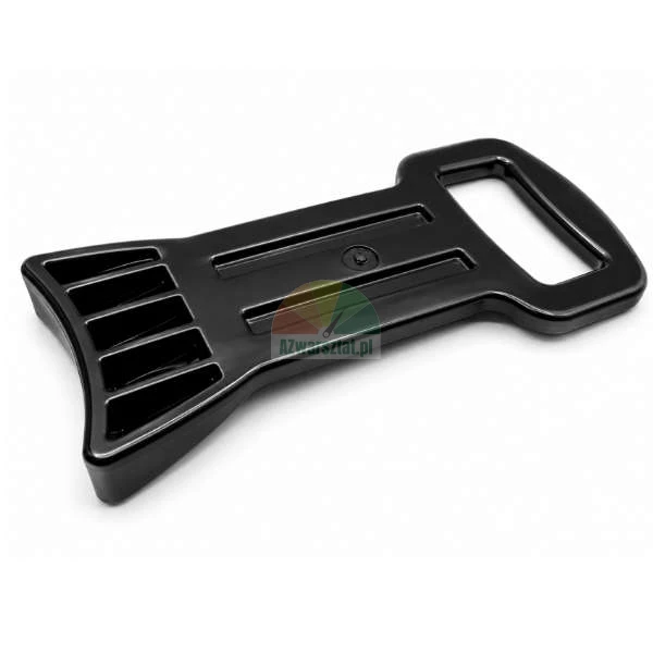 Black plastic car ice scraper with a comfortable handle and ice-breaking teeth on the end, isolated on a white background.