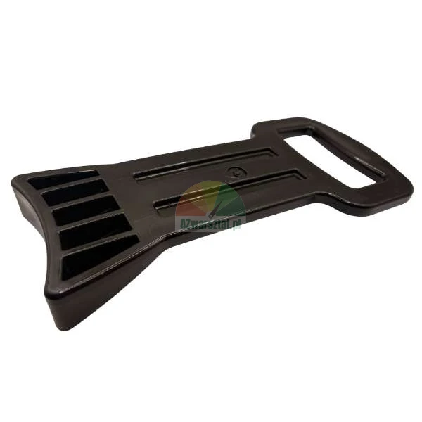 Black plastic car ice scraper with a handle on a white background