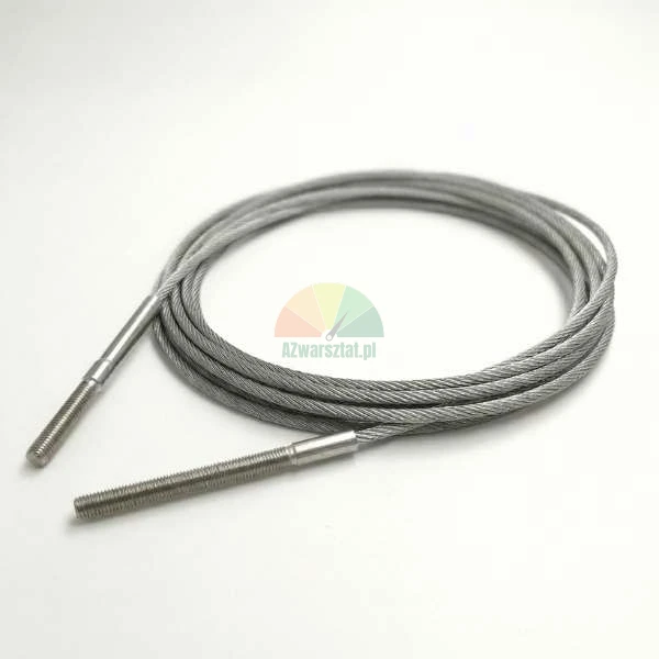 Coiled stainless steel wire rope cable with threaded terminal studs on both ends, isolated on a white background.