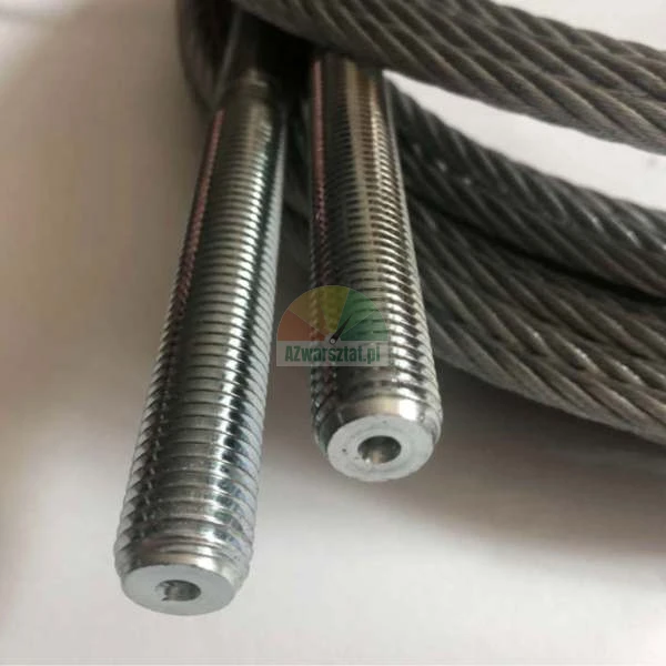 Close-up of a steel wire rope with threaded terminal studs on a white background.