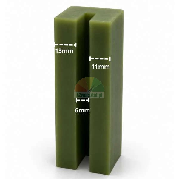 Green U-shaped plastic profile with marked dimensions: left wall 13mm, middle gap 6mm, and right wall 11mm.