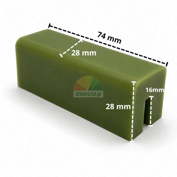 Green lift slider pad measuring 74 mm x 28 mm x 28 mm with marked dimensions.