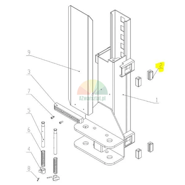 Technical exploded diagram of a bracket mechanism with item number 2 highlighted in yellow, showing sliding guide blocks.