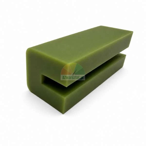 Olive green plastic C-profile sliding guide block with a slot on a white background