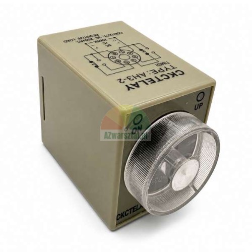 CKCTELAY AH3-2 time relay with a rotary dial and a wiring diagram printed on the beige housing.