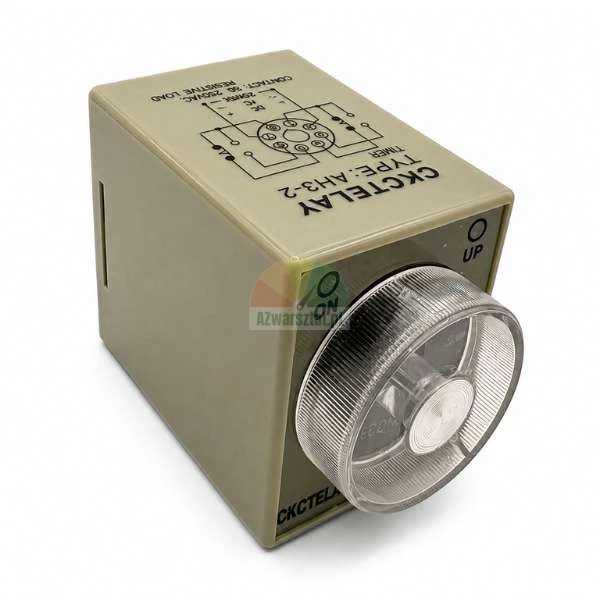 CKCTELAY AH3-2 time relay with a rotary dial and a wiring diagram printed on the beige housing.