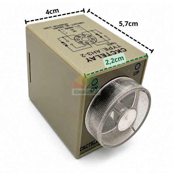 AH3-2 24VDC 6s time relay with housing dimensions of 4cm by 5.7cm and a 2.2cm dial.
