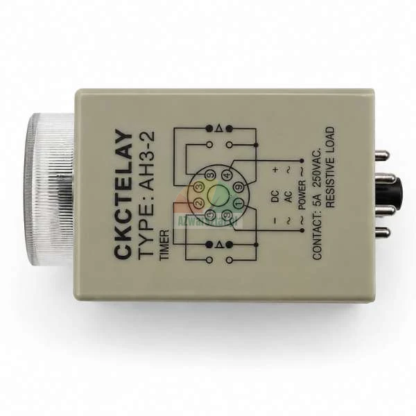 Gray CKCTELAY Type AH3-2 timer relay with a clear plastic adjustment dial on the left, an octal connection plug on the right, and a wiring diagram printed on top.
