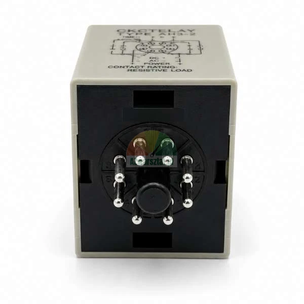 Bottom view of a CKC time relay type AH3-2 showing the 8-pin octal connector and the wiring diagram printed on the grey housing.