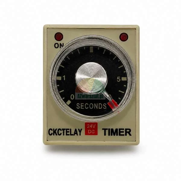 Analog time relay CKCTELAY TIMER 24V with a scale from 0 to 5 seconds, featuring a central adjustment knob and indicator LEDs.