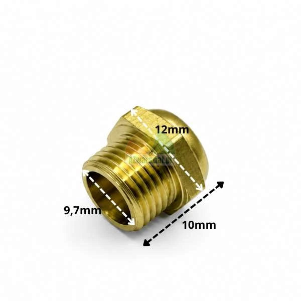Brass pneumatic silencer with 9.7 mm thread and dimensions.