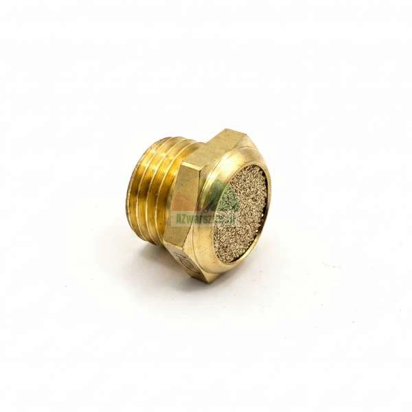 Brass sintered bronze pneumatic silencer with male thread on a white background.