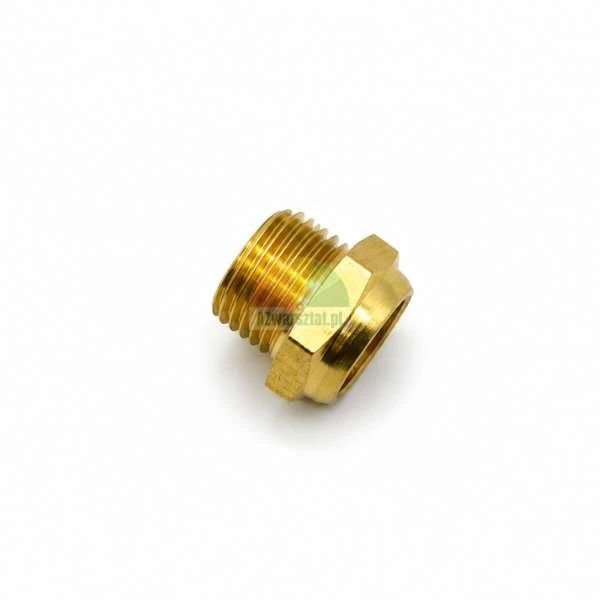 Brass hex reducing bushing fitting with male and female threads on a white background