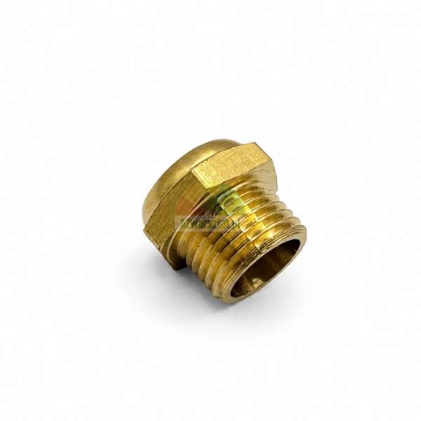 Brass hex plug with external thread on a white background.