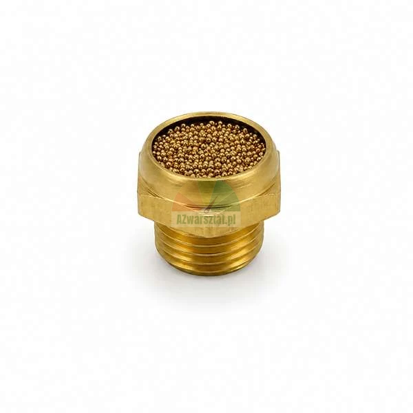 A brass sintered bronze pneumatic silencer with a threaded connection and a hexagonal body, filled with small golden spheres, isolated on a white background.