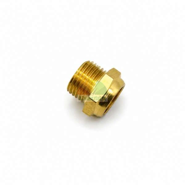 Brass reducer bushing fitting with male and female threads on a white background