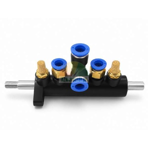 Pneumatic foot pedal air control valve distributor with 4x8mm push-in fittings, brass silencers, and metal control shaft.