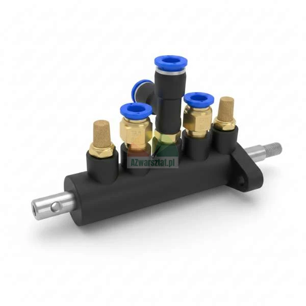 Pneumatic valve manifold with blue push-in fittings and brass silencers on a black body.