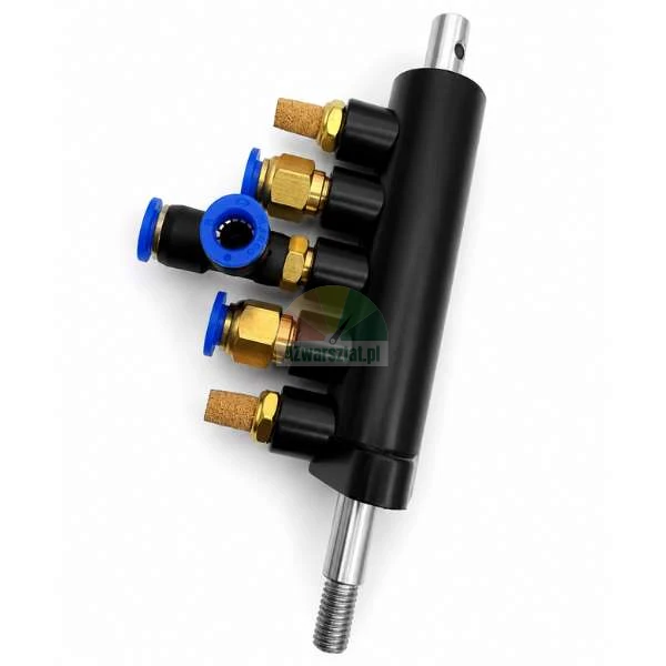 Black pneumatic manifold block with quick-connect fittings, blue collars, and brass silencers on a white background.