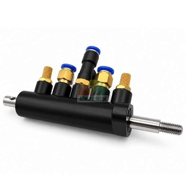 Black pneumatic manifold distributor with a metal shaft, equipped with push-to-connect fittings with blue release rings and brass silencers, on a white background.