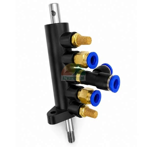 Black pneumatic mechanical valve with a metal shaft, equipped with brass silencers and blue push-in fittings, shown on a white background.