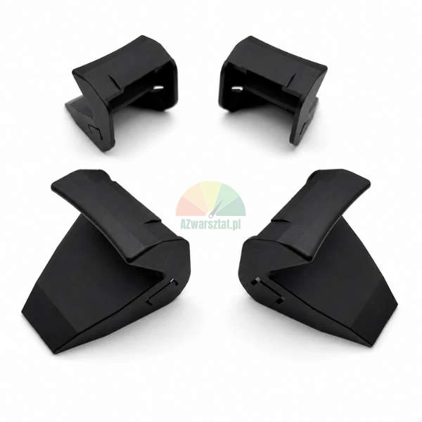 Set of four black plastic mounting clips or brackets, arranged symmetrically on a clean white background.