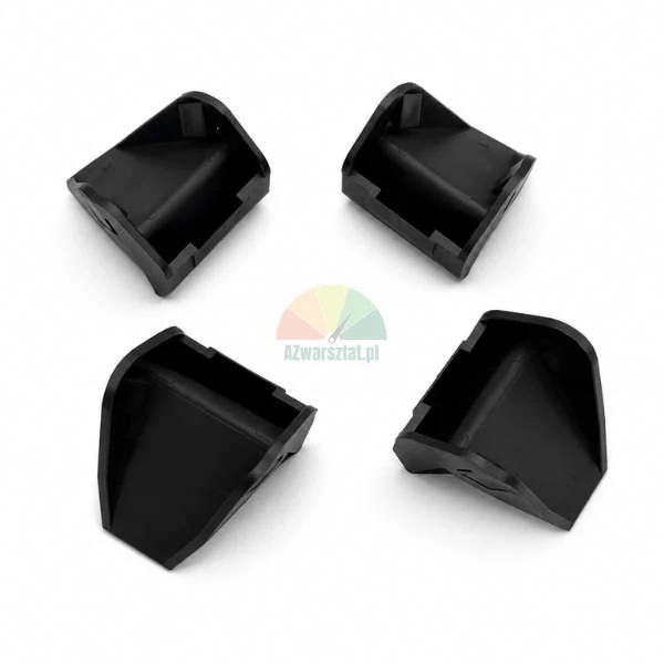 Four black plastic mounting brackets or protective covers shown from different angles on a white background.