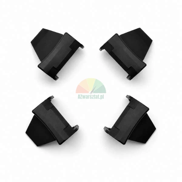 Four black plastic mounting clips arranged symmetrically on a white background