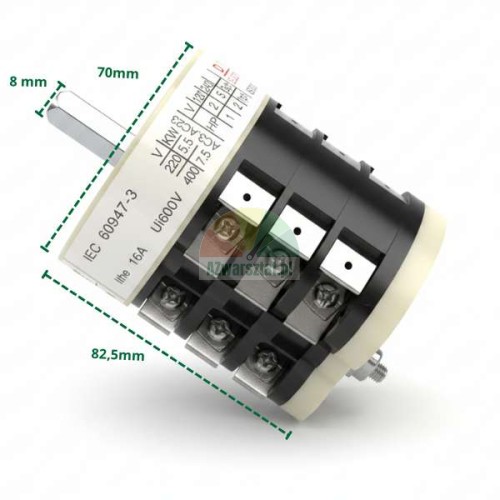 Single-speed rotary switch LW15-16 for tyre changer with dimensions 70 mm by 82.5 mm.