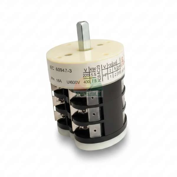 Rotary cam switch 16A with electrical specifications printed on the beige housing, featuring a metal shaft and black terminal blocks.