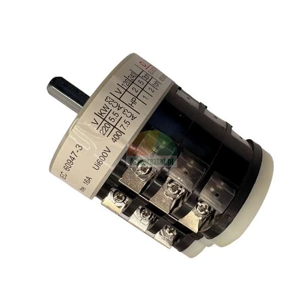 Industrial rotary cam switch IEC 60947-3 16A with metallic shaft and screw terminals, isolated on white background.