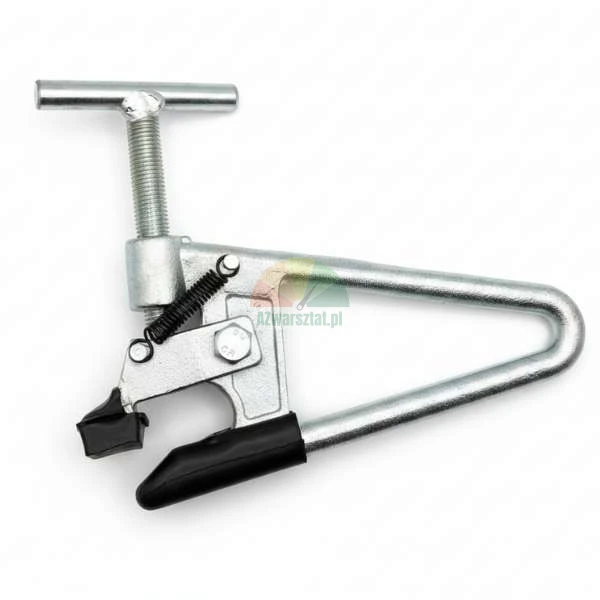 Mounting clamp for aluminum truck wheels with protective rubber pads.