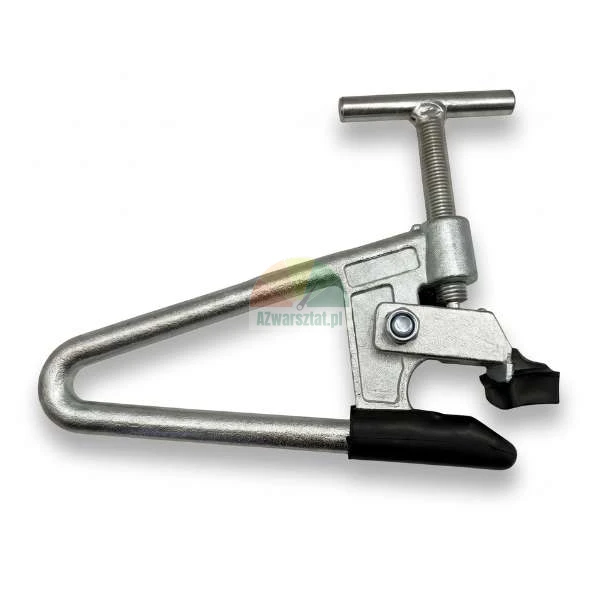 Heavy-duty metal clamp with a T-bar screw handle and black rubber protective pads on the jaws to prevent material damage.