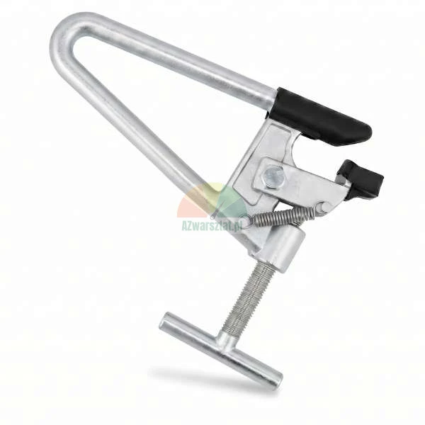 Metal screw clamp with spring mechanism and black protective pads on a white background.