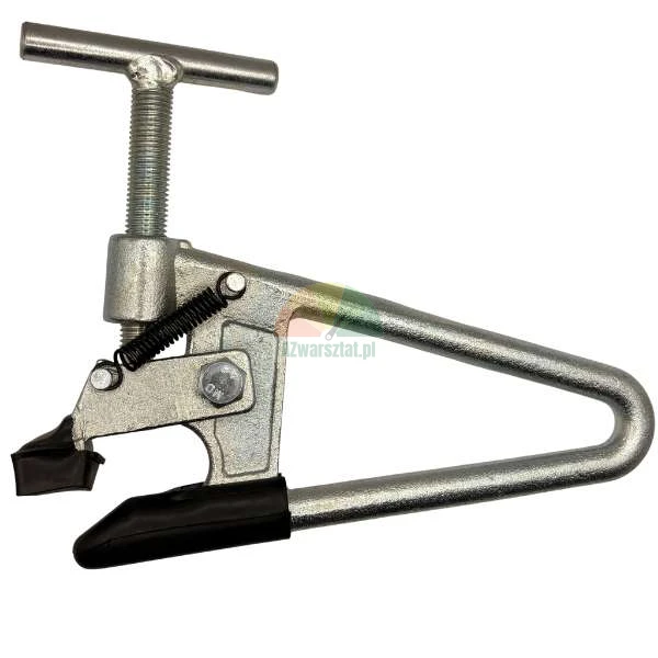 Silver metal screw clamp with a spring and black rubber jaw pads, isolated on a white background.