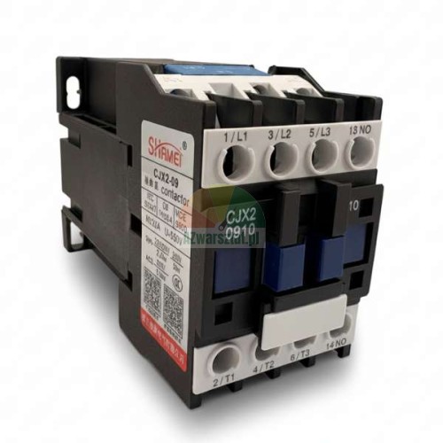 Three-phase motor contactor CJX2 0910 by Shamel, black and white housing with blue elements and visible screw terminals.