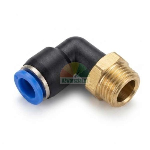 L-type pneumatic elbow fitting with 12.7 mm brass thread and 6 mm push-in connector with a blue ring.