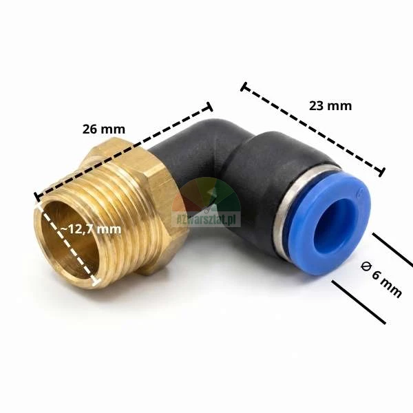 Angled pneumatic L-fitting with 12.7 mm thread and 6 mm push-in connection with dimensions