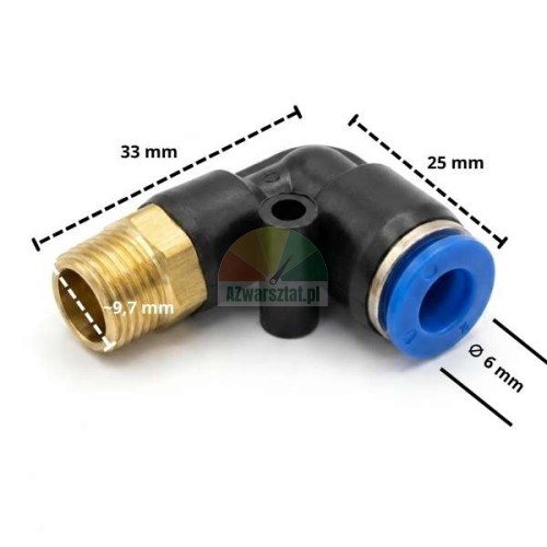 L-shaped pneumatic elbow connector with 9.7 mm thread and 6 mm push-in fitting, showing dimensions 33 mm and 25 mm