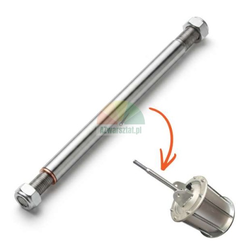 Metal piston rod 40 cm for rebound cylinder with threaded ends and nuts, and a small inset showing the cylinder with an arrow