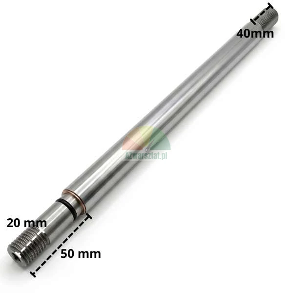 Steel cylinder shaft with threaded ends, showing dimensions of 20 mm, 50 mm, and 40 mm on a white background.